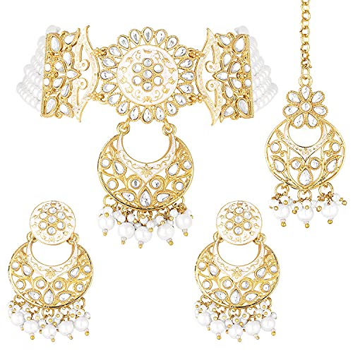 I Jewels 18 Karat vergoldete indische Hochzeit Bollywood Kundan Perlen Choker Halskette Schmuckset für Frauen (ML291), Vergoldet, Perle von I Jewels