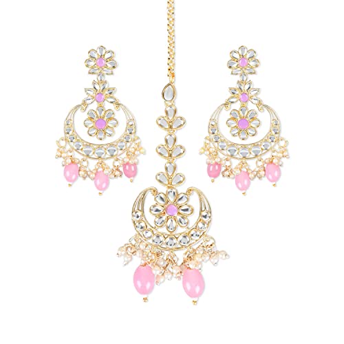 I Jewels 18 Karat vergoldete indische Hochzeit Bollywood Kundan & Perle Chandbali Ohrringe mit Maang Tikka Set für Damen/Mädchen (TE3023Pi), kein Edelstein von I Jewels