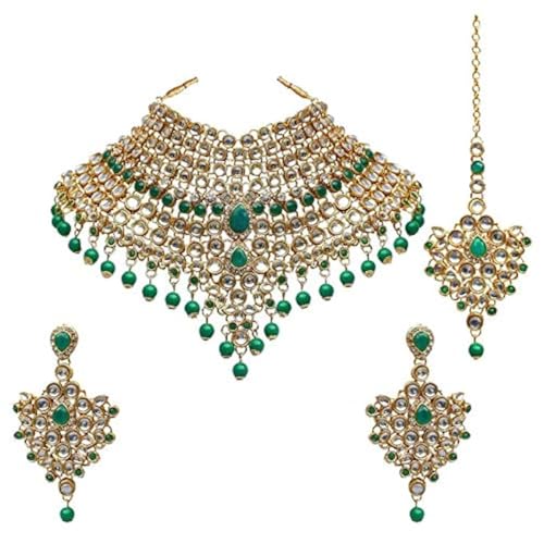 I Jewels 18 Karat vergoldete indische Hochzeit Bollywood Kundan und Stein besetztes Choker Halskette Schmuckset für Braut Dulhan (IJ021), Stein Gold von I Jewels