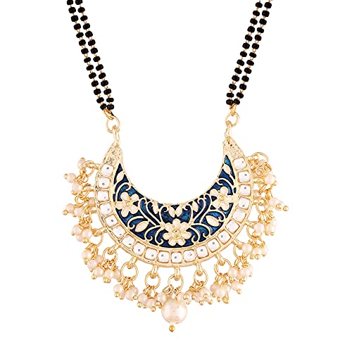 I Jewels 18 Karat vergoldeter indischer Hochzeits-Anhänger mit Meena-Arbeitsperle und schwarzer Perlenkette Mangalsutra für Frauen (D082-83), Vergoldet, Perle von I Jewels