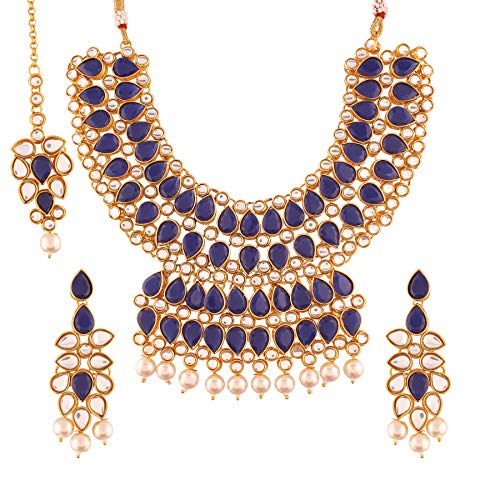 I Jewels 18 Karat vergoldetes Kundan und Perlen besetztes Braut-Choker-Halsketten-Schmuck-Set mit Ohrringen und Maang Tikka für Frauen (ML137Bl) von I Jewels