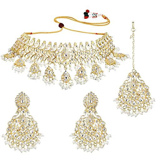 I Jewels 18 Karat vergoldetes indisches traditionelles Hochzeits-Collier aus Bollywood, Kundan und Perlen besetzt, Schmuck-Set für Damen/Mädchen (K7212), Metallperlen, Perle von I Jewels
