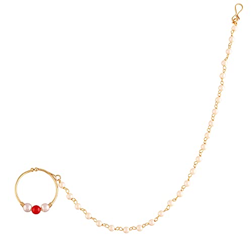 I Jewels 18k Gold Plated Indian Wedding Bollywoo Ethnic Bridal Nose Ring Nath without Piercing with Pearl Chain Encased with Pearl Stone for Women/Girls (NL43), Perle von I Jewels