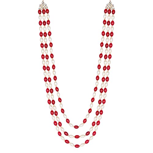 I Jewels 3-lagige, vergoldete indische Hochzeits-Halskette aus Bollywood, Dulha-Minze, Moti Mala mit Perlen, Maharaja-Haar/Bräutigam für Herren (MLP46), Zink, Kein Edelstein von I Jewels