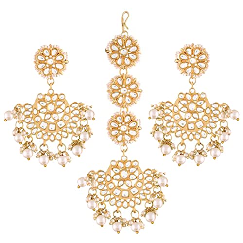 I Jewels Chandbali-Ohrringe mit 18 Karat Gold vergoldet mit atemberaubender mattem Finish indischer traditioneller Kundan & Kunstperlen im Maang Tikka-Set, Vergoldet, Perle I Jewels Chandbali-Ohrringe mit 18 Karat Gold vergoldet mit atemberaubender mattem Finish indischer traditioneller Kundan & Kunstperlen im Maang Tikka-Set, Vergoldet, Perle von I Jewels