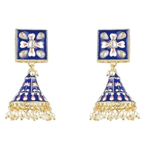 I Jewels Damen-Ohrringe vergoldet indische Hochzeit Bollywood Meenakari Kundan Perlen baumelnd Jhumki E3132BL Blau von I Jewels
