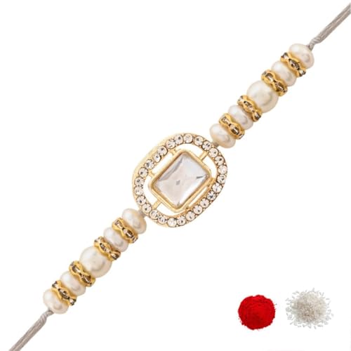 I Jewels Designer Kundan Pearl Bhaiya Rakhi mit Roli Chawal & Rakshabandhan Karte für Bruder/Bro/Bhai/Herren, FS, Legierung, Kein Edelstein von I Jewels