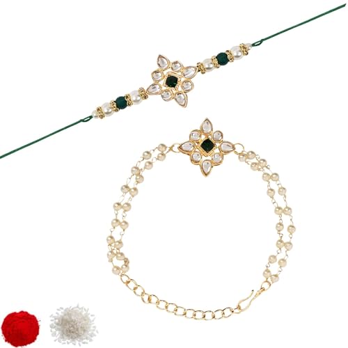 I Jewels Designer Kundan Pearl Hanging Bhaiya Bhabhi Lumba Rakhi Armband Combo Set mit Roli Chawal & Rakshabandhan Grußkarte, FS, Kundan-Perlen, Kein Edelstein von I Jewels