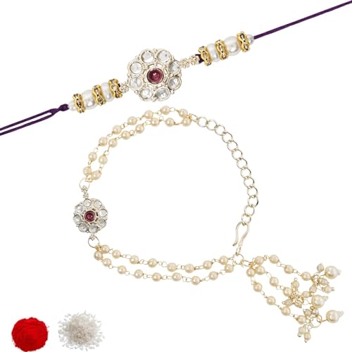 I Jewels Designer Kundan Pearl Hanging Bhaiya Bhabhi Lumba Rakhi Armband Combo Set mit Roli Chawal & Rakshabandhan Grußkarte, Free Size, Legierung, Kein Edelstein I Jewels Designer Kundan Pearl Hanging Bhaiya Bhabhi Lumba Rakhi Armband Combo Set mit Roli Chawal & Rakshabandhan Grußkarte, Free Size, Legierung, Kein Edelstein von I Jewels