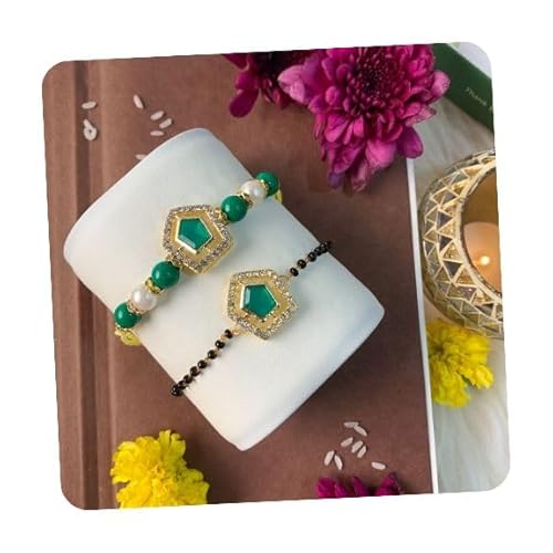 I Jewels Elegantes Kundan-Stein Bhaiya Bhabhi Mangalsutra Armband Rakhi Set mit Roli Chawal & Rakshabandhan Karte für Bruder/Bruder/Herren (R135-CO), freie Größe von I Jewels