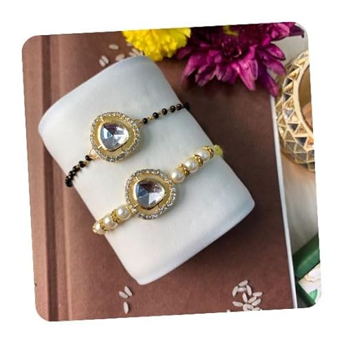 I Jewels Elegantes Kundan-Stein Bhaiya Bhabhi Mangalsutra Armband Rakhi Set mit Roli Chawal & Rakshabandhan Karte für Bruder/Bruder/Männer (R138-CO), freie Größe, Stein von I Jewels