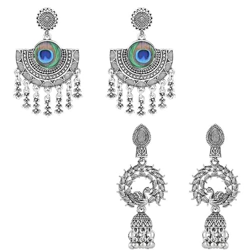 I Jewels Ethnisches Silber oxidierte afghanische Pfauenfeder-Design Ohrringe Combo für Frauen, Silber, Kein Edelstein I Jewels Ethnisches Silber oxidierte afghanische Pfauenfeder-Design Ohrringe Combo für Frauen, Silber, Kein Edelstein von I Jewels