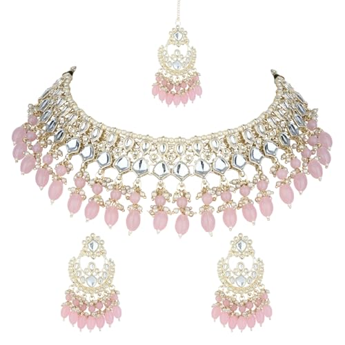I Jewels Indische Hochzeit Bollywood Kundan & Perle Choker Halskette Schmuck mit baumelnden Ohrringen & Maang Tikka für Frauen (K7261Pi) von I Jewels
