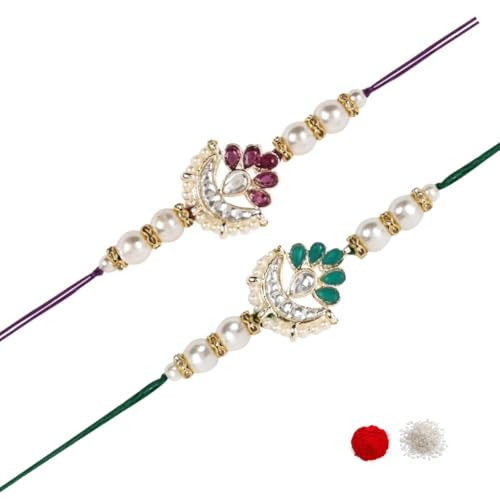 I Jewels Kundan & Pearl Combo Bhaiya Rakhi mit Roli Chawal für Bruder/Bro/Männer mit Rakshabandhan-Grußkarte (R143Wi-G) (2er-Set), freie Größe, Legierung, kein Edelstein von I Jewels