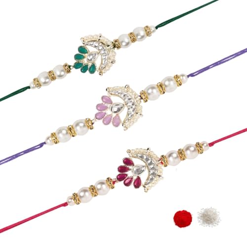 I Jewels Kundan & Pearl Combo Bhaiya Rakhi mit Roli Chawal für Bruder/Bruder/Männer mit Rakshabandhan-Grußkarte (R143G-Pu-Wi), 3 Stück von I Jewels