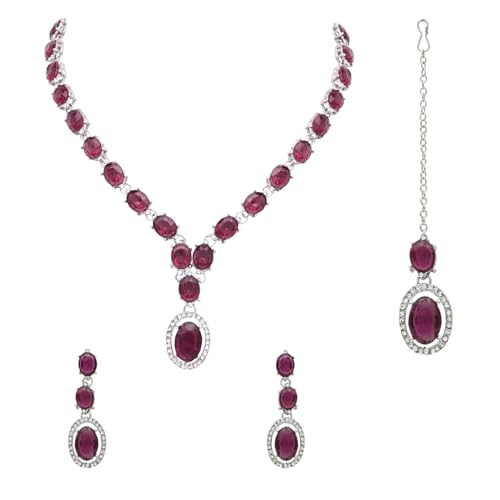 I Jewels Maang Tikka IJ397ZWi, versilberte, elegante Diamant-Halskette mit Ohrringen und Schmuck-Set für Damen, freie Größe, ohne Edelstein von I Jewels