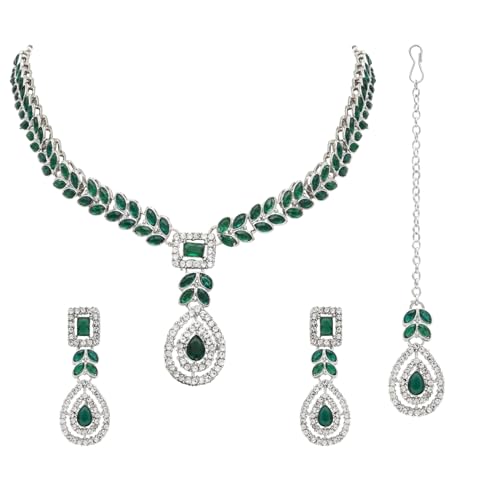 I Jewels Maang Tikka IJ402ZG, versilberte Kristall-Diamant-Halskette mit Ohrringen und Schmuck-Set für Damen, freie Größe, ohne Edelstein I Jewels Maang Tikka IJ402ZG, versilberte Kristall-Diamant-Halskette mit Ohrringen und Schmuck-Set für Damen, freie Größe, ohne Edelstein von I Jewels