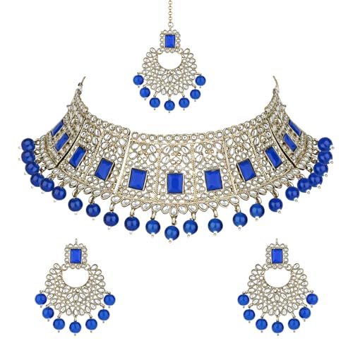 I Jewels Maang Tikka Ohrring-Schmuck-Set für Frauen (ML232Bl), vergoldet für indische Bollywood-Kundan-Hochzeit und Perle, kein Edelstein von I Jewels