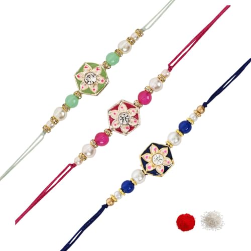 I Jewels Meenakari R169Min-Q-BL Grußkarte mit Roli Chawal & Rakshabandhan, handgefertigt, für Bruder/Bro/Bhai/Männer (R169Min-Q-Bl), 3 Stück, freie Größe, ohne Edelstein von I Jewels