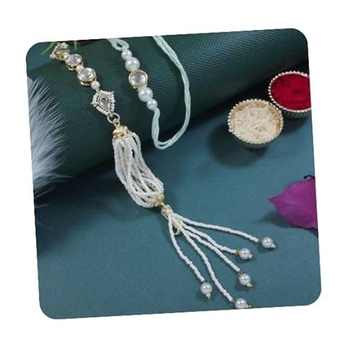 I Jewels R160W-Co Herren Designer Kundan Perle zum Aufhängen Bhaiya Bhabhi Lumba Rakhi Armband Combo Set mit Roli Chawal & Rakshabandhan Grußkarte von I Jewels