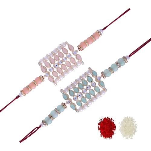 I Jewels Rakhi Armband mit ethnischen Designer-Perlen besetztes Rakhi-Armband mit Roli Chawal für Bruder/Herren (R069Pe-Min), 2 Stück von I Jewels
