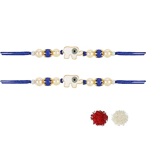 I Jewels Rakshabandhan Designer White Elephant Emaille Evil Eye Rakhi Combo Set mit Roli Chawal für Bhaiya/Brother/Bro/Men (R127-2) von I Jewels