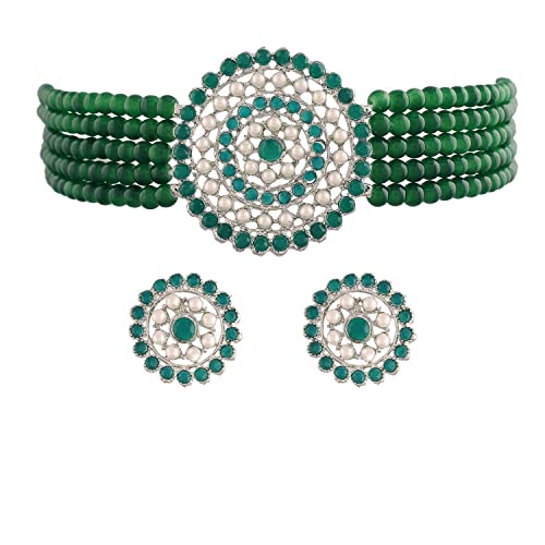 I Jewels Rhodiniertes indisches Hochzeits-Halsband aus Bollywood, leicht, Perlen-Halskette, Schmuck-Set, gleitend mit Moti-Arbeit (ML239Z) von I Jewels