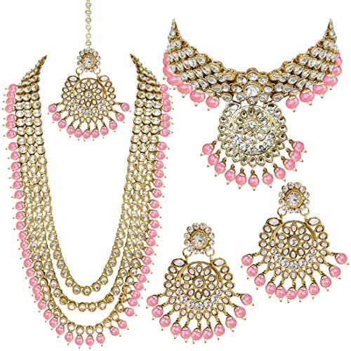 I Jewels Traditionelles vergoldetes Kundan-Perlen-Hochzeits-Choker-Halsketten-Set Ohrringe & Maang Tikka für Frauen (IJ325), Kein edelstein von I Jewels