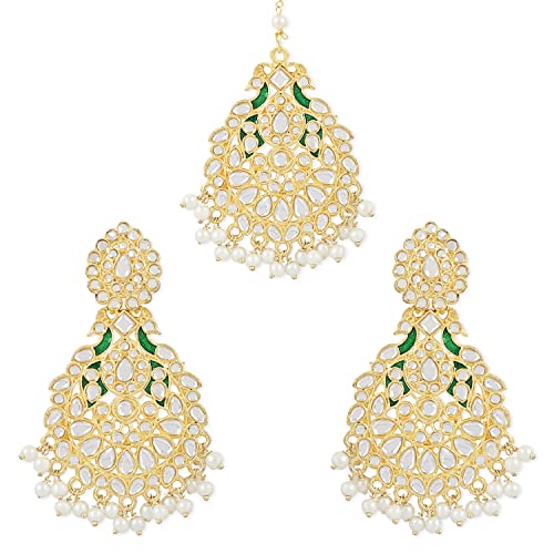 I Jewels Vergoldete Indain Hochzeit Bollywood Kundan Perle mit Meena Work Chandbali Ohrringe mit Maang Tikka Set für Frauen (TE7212G), kein Edelstein von I Jewels