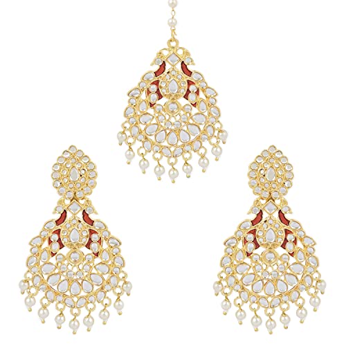 I Jewels Vergoldete Indain Hochzeit Bollywood Kundan Perle mit Meena Work Chandbali Ohrringe mit Maang Tikka Set für Frauen (TE7212M), kein Edelstein von I Jewels