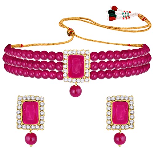 I Jewels Vergoldetes traditionelles Schmuckset mit Steinperlen und Halskette für Damen, Free Size, Kunstperle, Rubin von I Jewels