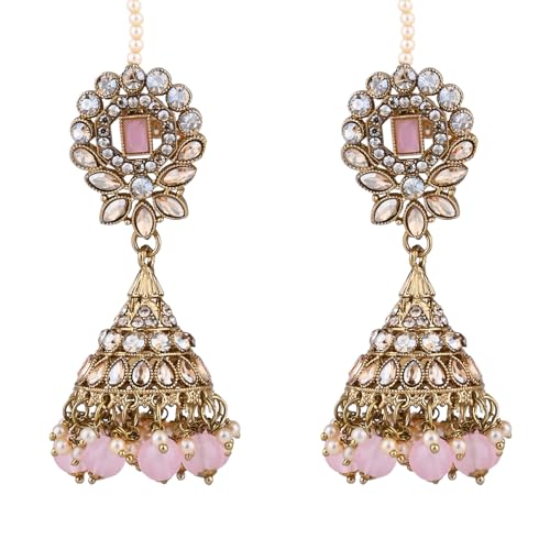 I Jewels Vergoldete traditionelle Kundan & Perlen Jhumka Ohrringe mit aufsteckbarer Ohrkette für Frauen, Free Size, Kein Edelstein von I Jewels