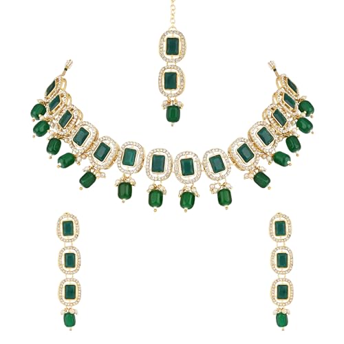 I Jewels Vergoldeter ethnischer traditioneller Kundan-Perlen-Choker-Halskette mit Ohrringen und Maang Tikka für Damen/Mädchen (IJ389G) von I Jewels