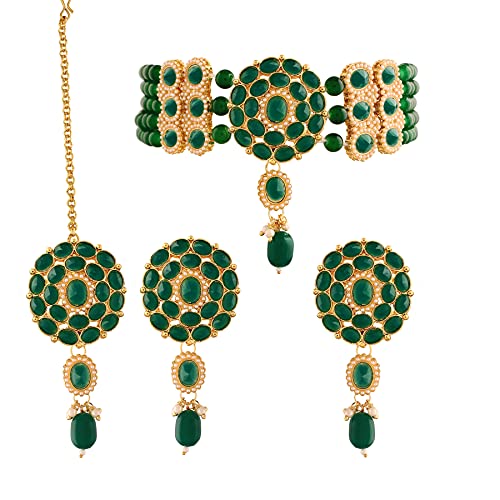 I Jewels Vergoldetes indisches Hochzeits-Schmuck-Set mit Bollywood-Perlen, Choker-Halskette mit Ohrringen und Maang Tikka Set für Frauen von I Jewels
