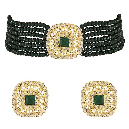 I Jewels Vergoldetes indisches Hochzeitskropfband aus Bollywood Kundan, handgefertigt, Onyx-Perlen, Schmuck mit Ohrringen, Set für Damen/Mädchen (ML327G), kein Edelstein von I Jewels