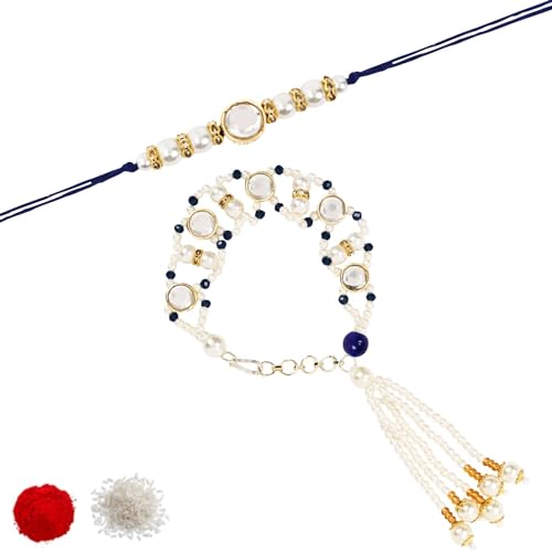I Jewels Weißer Kundan & Pearl Bhaiya Bhabhi Lumba Rakhi mit Roli Chawal und Rakshabandhan Karte, FS, Kein Edelstein I Jewels Weißer Kundan & Pearl Bhaiya Bhabhi Lumba Rakhi mit Roli Chawal und Rakshabandhan Karte, FS, Kein Edelstein von I Jewels