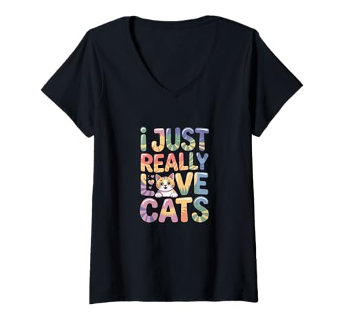 Damen Lustige Katzenliebhaber-Zitate Kitty I Just Really Love Cats Meme T-Shirt mit V-Ausschnitt von I Just Really Love Cats Cat Funny Cat Lover Shirts