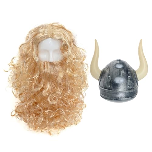 Blondes Perücken- und Bart-Set mit silbernem Wikingerhelm, lange, blonde, lockige Perücke mit passendem Bart und Kunststoff-Wikingerhelm, perfekt für Wikinger-Kostüme von I LOVE FANCY DRESS