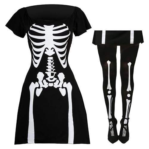 DAMENSKELETT-KOSTÜM Halloween VERRÜCKTES Kleid Damen Skater Stil Kleid Dress Bone Print - KLEIN UK 8/10 von I LOVE FANCY DRESS