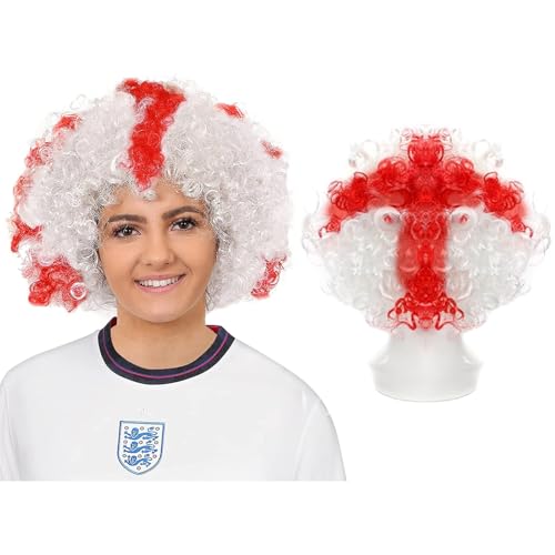 England Afro-Perücke, 6 Stück, weiß, gelockt, Afro-Perücke mit kräftigem rotem St. George's Kreuz, Fußball-Fans, Kostüm für St. George's Day & Kostümparty-Zubehör England Afro-Perücke, 6 Stück, weiß, gelockt, Afro-Perücke mit kräftigem rotem St. George's Kreuz, Fußball-Fans, Kostüm für St. George's Day & Kostümparty-Zubehör von I LOVE FANCY DRESS