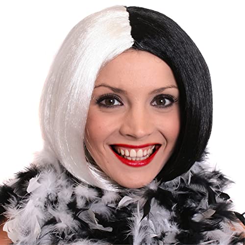 Evil Dog Lady Perücke – Halbschwarze und halbweiße Bob-Perücke – Halloween-Kostüm-Zubehör für Erwachsene von I LOVE FANCY DRESS