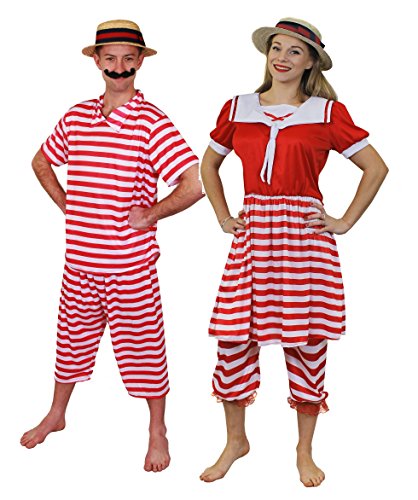 NOSTALGIE PAARE BADEANZÜGE VIKTORIANISCHEN ZEIT=ROT/WEIß GESTREIFTES BADE KOSTÜME 20iger 30iger JAHRE=RETRO KOSTÜM VERKLEIDUNG FASCHING KARNEVAL GRUPPEN VEREINE = MÄNNER-S+FRAUEN-M von I LOVE FANCY DRESS