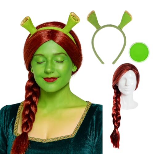Prinzessin Oger Zubehör Set - Prinzessin Kostüm für Kinder mit roter Zopfperücke, grüner Gesichtsfarbe und Oger-Stirnband - perfekt für Halloween, Fasching und Mottopartys von I LOVE FANCY DRESS
