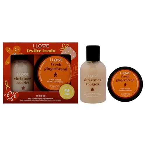 I Love Cosmetics Miniature Festive Treat Box - Unisex Skincare Set - Bade- und Duschcreme, Bodybutter - 2 x 3,3 oz Christmas Cookie Bath and Shower Creme, 1,7 oz Gingerbread Body Butter von I LOVE