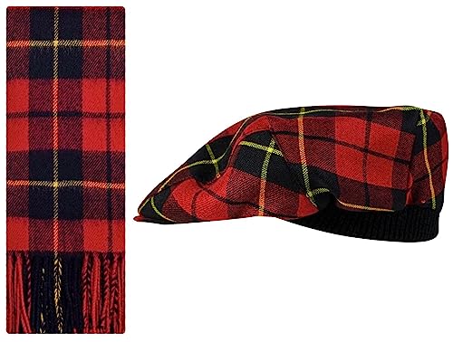 I LUV LTD Schal und Schiebermütze aus Lammwolle Geschenkset Wallace Modern Tartan Halstuch und Flatcap Barett für Herren und Damen Einheitsgröße Elastisches Band Komfort Fit Hergestellt in Schottland von I LUV LTD