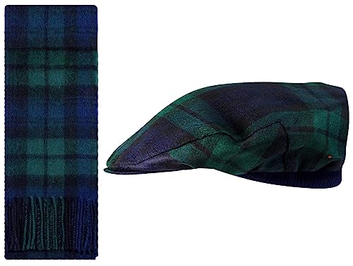 Schal und Schiebermütze aus Lammwolle Geschenkset Black Watch Modern Tartan Halstuch und Flatcap Barett für Herren und Damen Einheitsgröße Elastisches Band Komfort Fit Hergestellt in Schottland von I LUV LTD