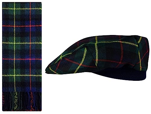 Schal und Schiebermütze aus Lammwolle Geschenkset Farquharson Modern Tartan Halstuch und Flatcap Barett für Herren und Damen Einheitsgröße Elastisches Band Komfort Fit Hergestellt in Schottland von I LUV LTD