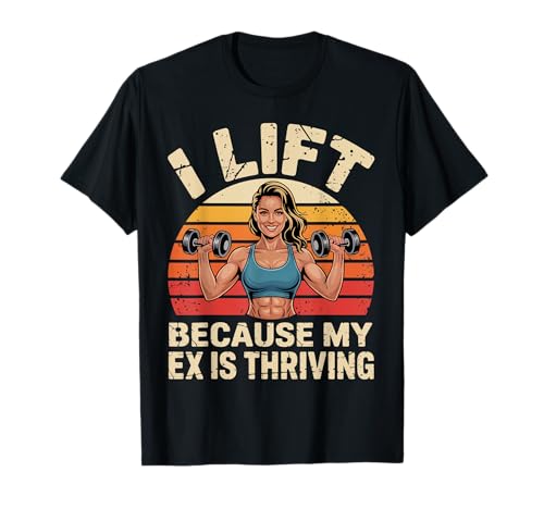 Funny Girl Gym Workout with Dumbbells and Retro Sunset T-Shirt Funny Girl Gym Workout with Dumbbells and Retro Sunset T-Shirt von I Lift Because Breakup Power Funny Workout Quote
