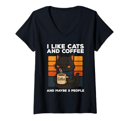 Damen I Like Cats And Coffee And Maybe 3 People Funny Cat Vintage T-Shirt mit V-Ausschnitt Damen I Like Cats And Coffee And Maybe 3 People Funny Cat Vintage T-Shirt mit V-Ausschnitt von I Like Cats And Coffee And Maybe 3 People Apparel