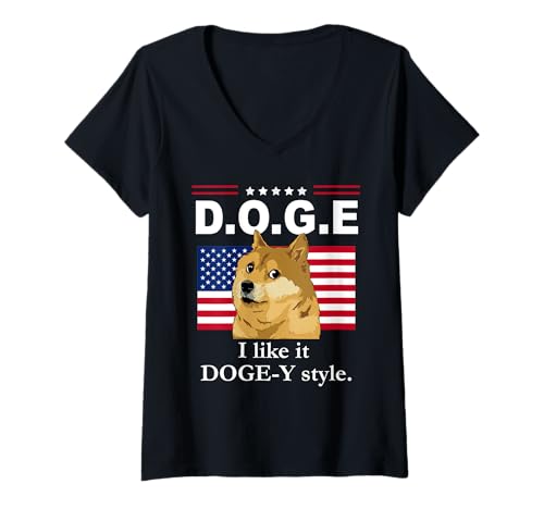 Damen I Like It Doge-Y Style I like it Dogey D.O.G.E. DOGE US Flag T-Shirt mit V-Ausschnitt von I Like It Doge-y Style Shirt Womens D.O.G.E TShirt